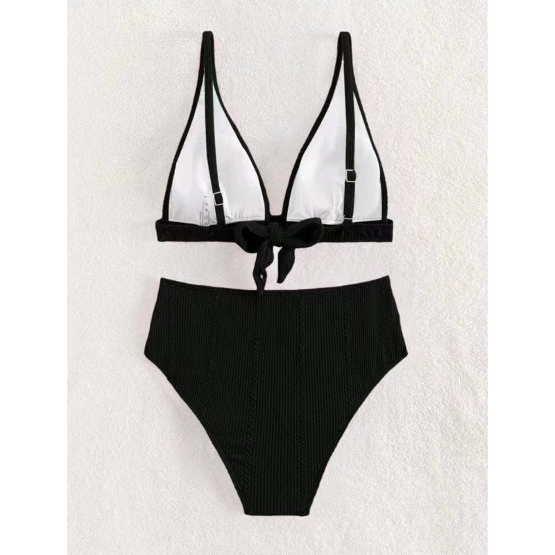 Bikini femme taille haute avec décolleté en V élégant et design côtelé R&B