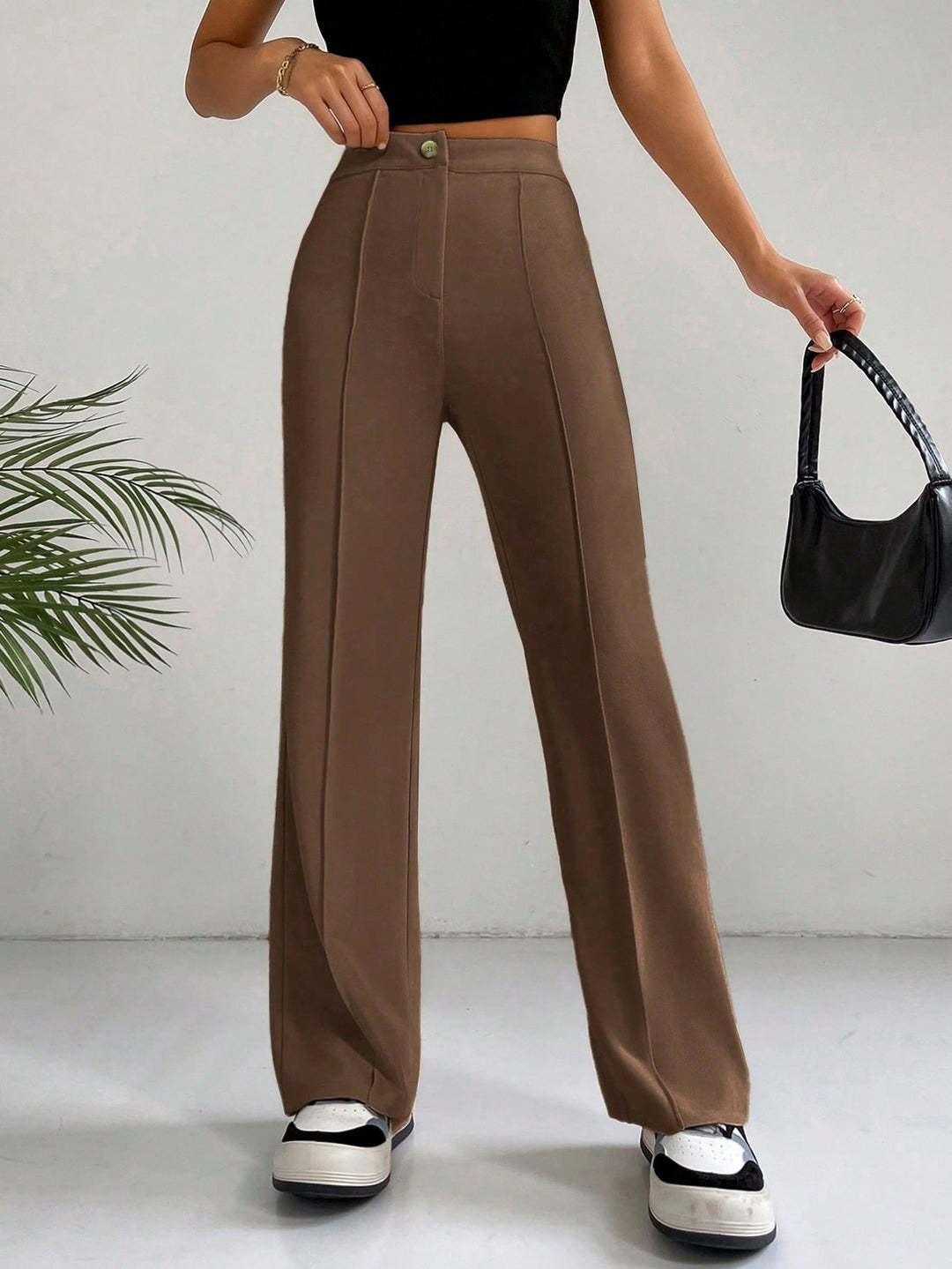 Pantalon Palazzo Femme Taille Haute avec Pli Marqué et Jambes Amples