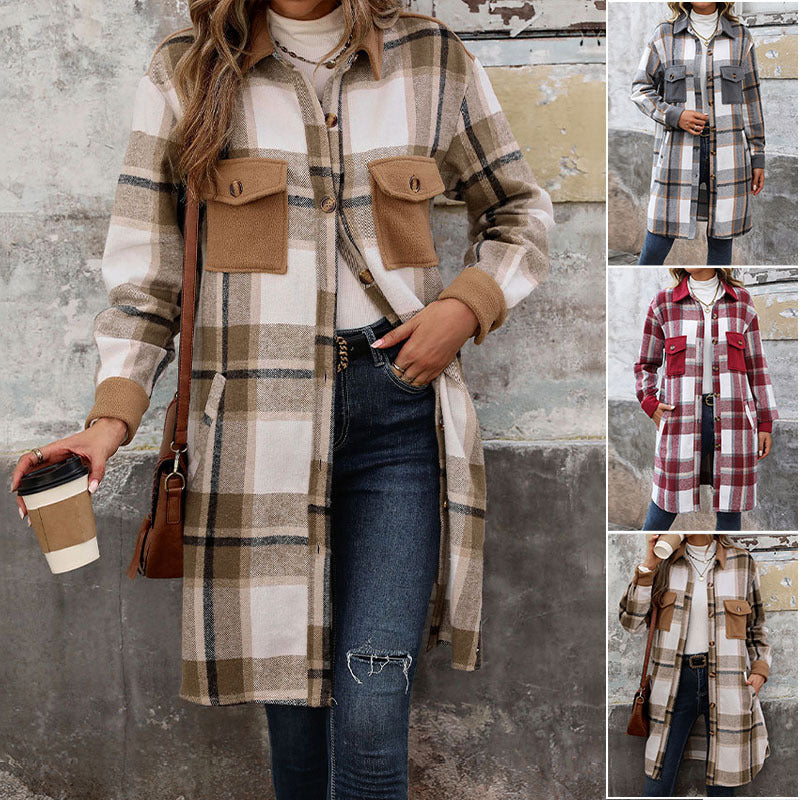 Veste à carreaux pour femme avec poches et boutons, manches longues