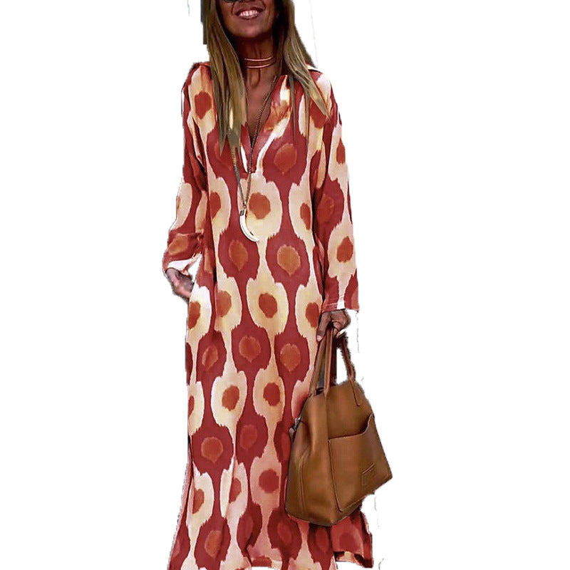 Robe maxi Boho longue pour femmes avec décolleté en V, coupe décontractée et imprimé all-over saisissant Echoarchiv