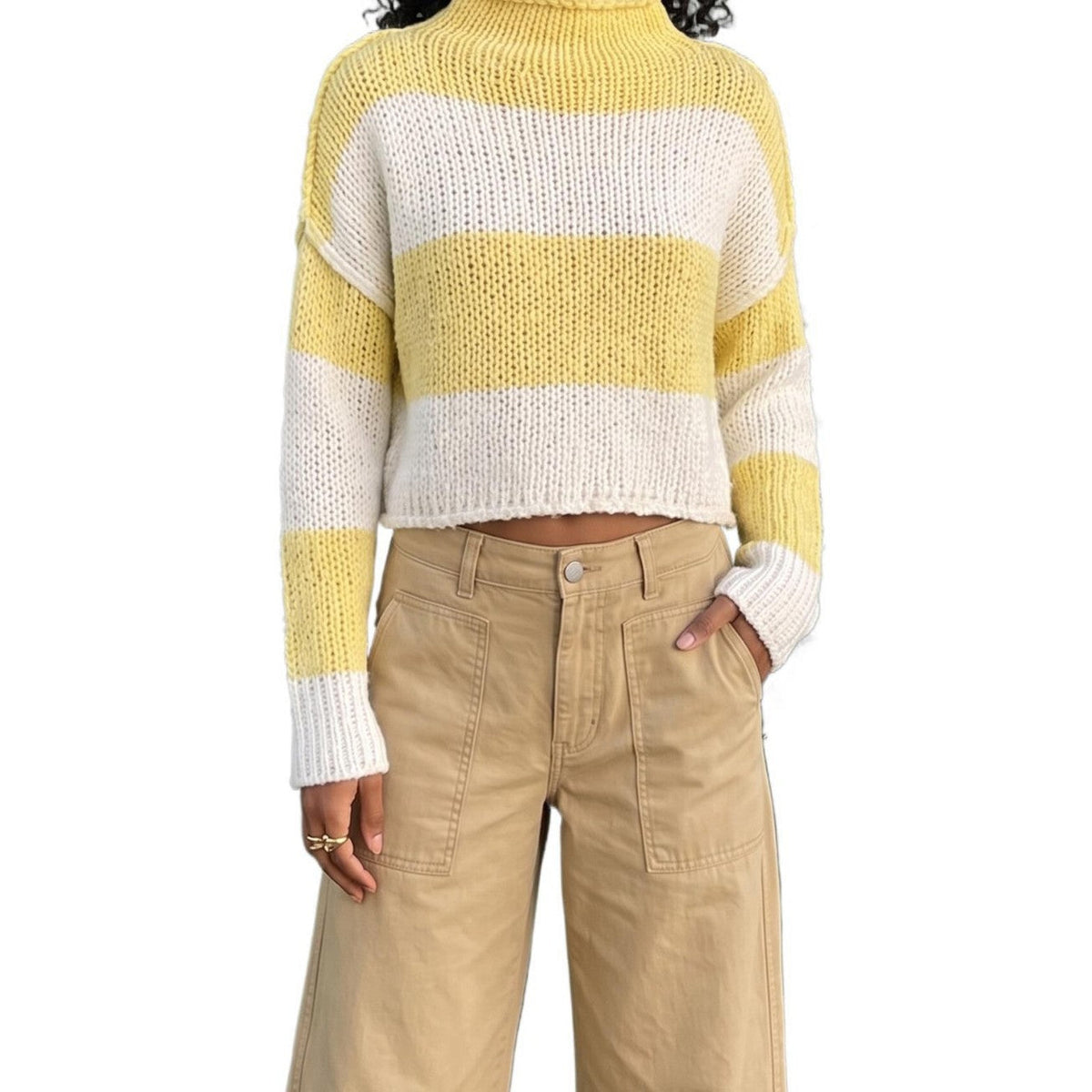 Pull cropped en grosse maille pour femmes avec col montant et manches raglan Echoarchiv
