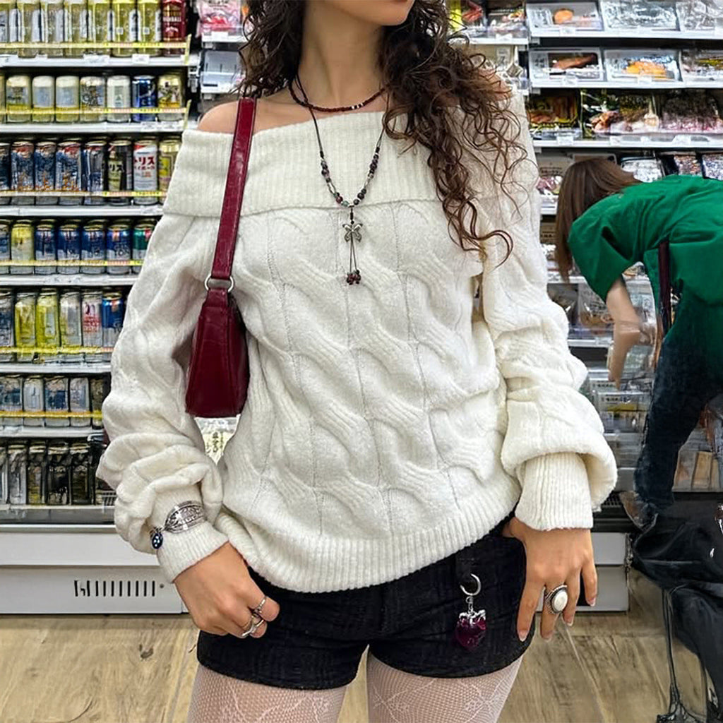 Pull en tricot épais sans épaules pour femmes avec motif en torsade, manches larges et bord-côte élastique Echo Archiv