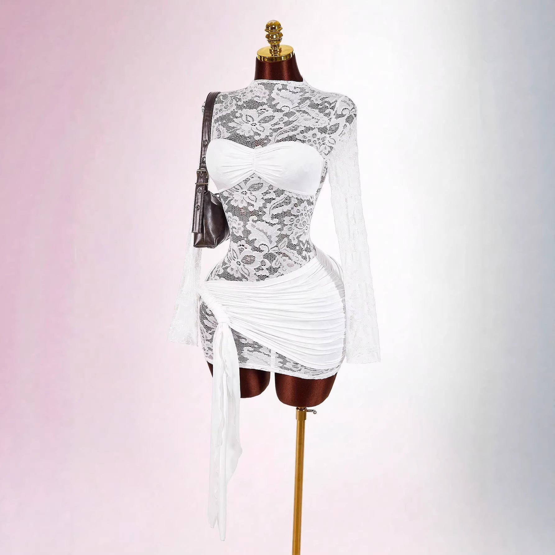 Robe mini en dentelle transparente pour femmes avec empiècement bandeau, jupe portefeuille froncée et manches longues R&B