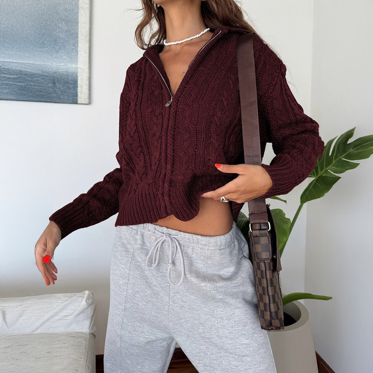 Veste en tricot à motif torsadé pour femmes avec fermeture éclair intégrale et col montant Echo Archiv