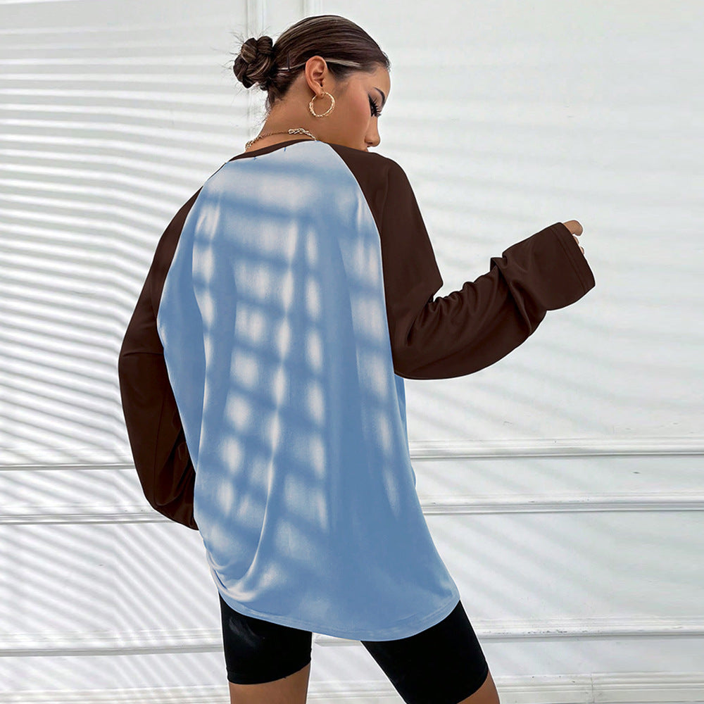 T-shirt à manches longues en raglan oversize pour femmes avec manches évasées, silhouette décontractée et col rond sportif