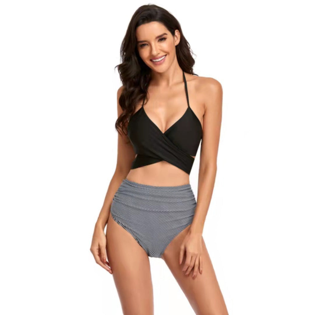 Bikini taille haute pour femmes avec haut croisé et motifs floraux R&B