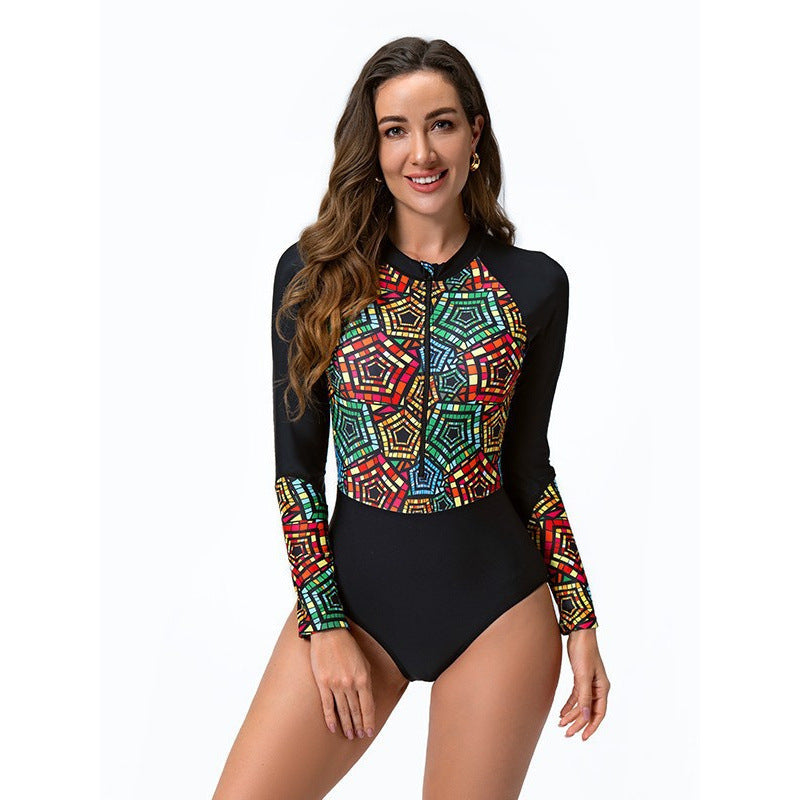 Maillot de bain à manches longues pour femmes avec fermeture éclair stylée et motif coloré R&B