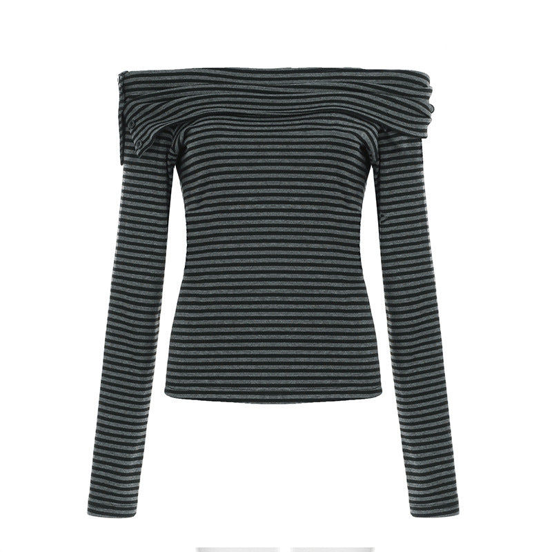 T-shirt à manches longues sans épaules pour femmes avec décolleté Carmen, coupe cintrée et motif à rayures fines Echo Archiv
