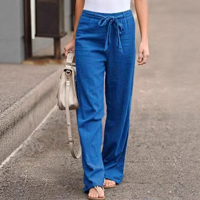Pantalon large de lounge pour femmes avec taille élastique haute et cordon décoratif