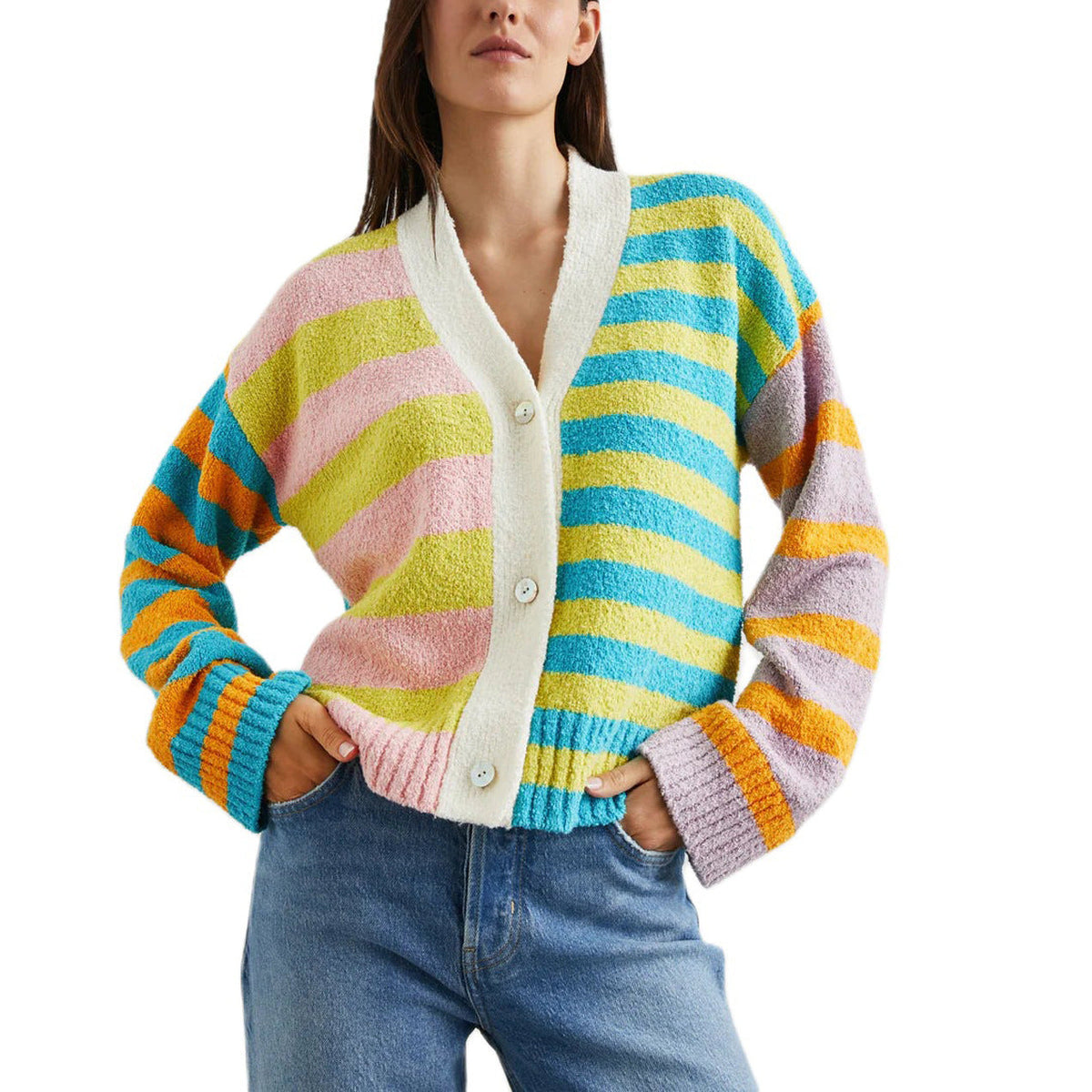 Cardigan en éponge à rayures décontracté pour femmes avec décolleté en V et patte de boutonnage Echoarchiv