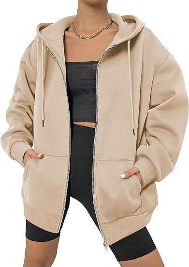 Veste à capuche zippée oversize pour femmes avec fermeture éclair contrastante, capuche double épaisseur et poche kangourou Echo Archiv