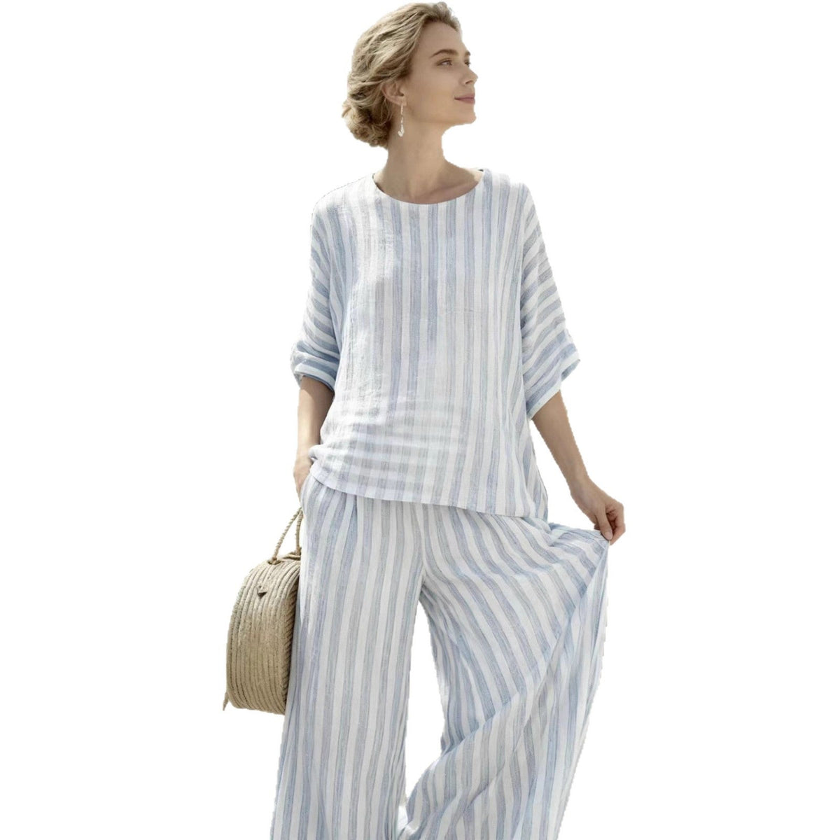 Ensemble de lounge en lin à rayures pour femmes, composé d'une blouse oversize et d'un palazzo taille haute