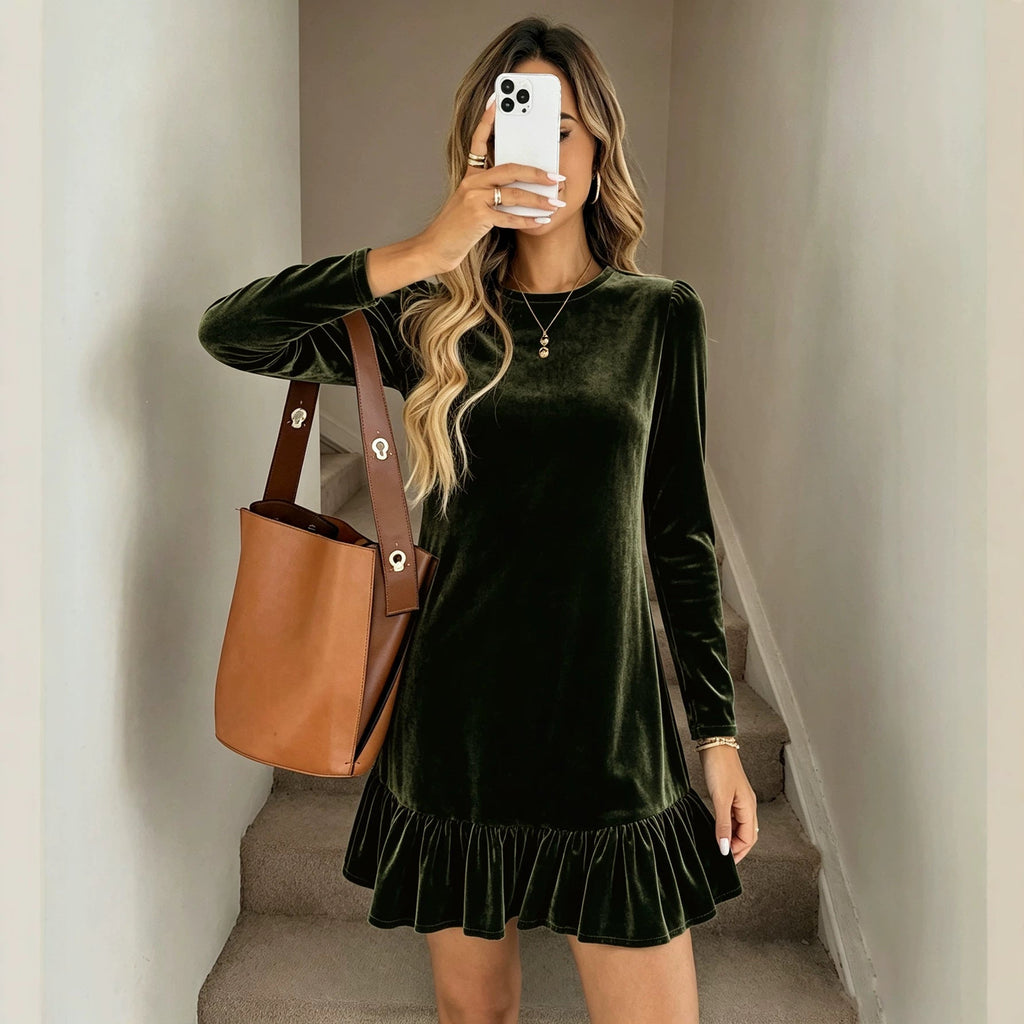 Robe mini en velours pour femmes avec manches longues, ourlet volanté froncé et épaules bouffantes Echo Archive