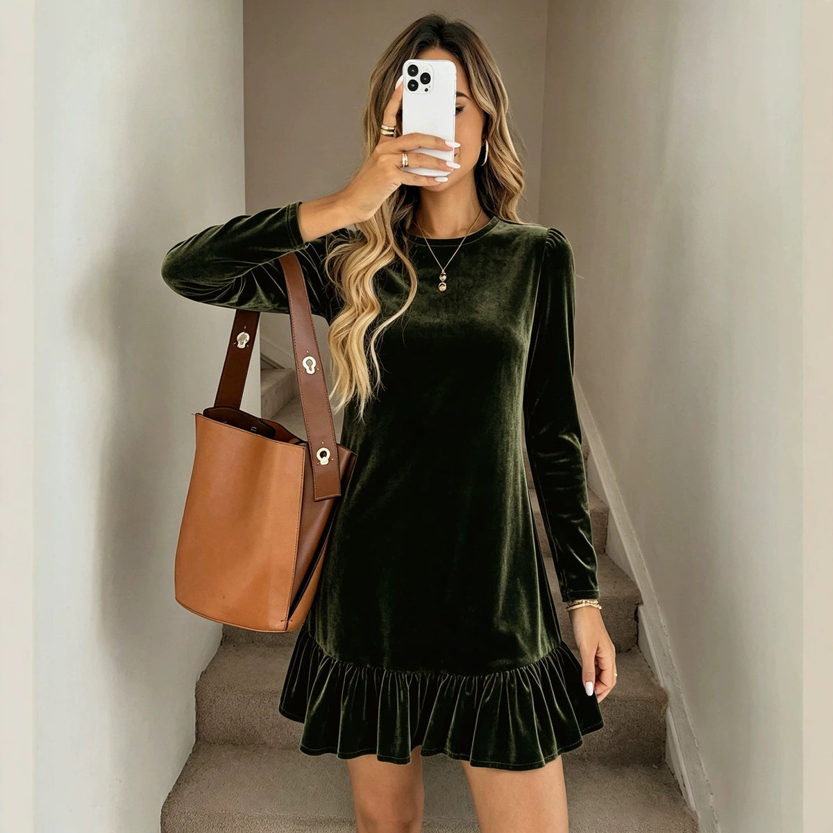 Robe mini en velours pour femmes avec manches longues, ourlet volanté froncé et épaules bouffantes Echo Archive