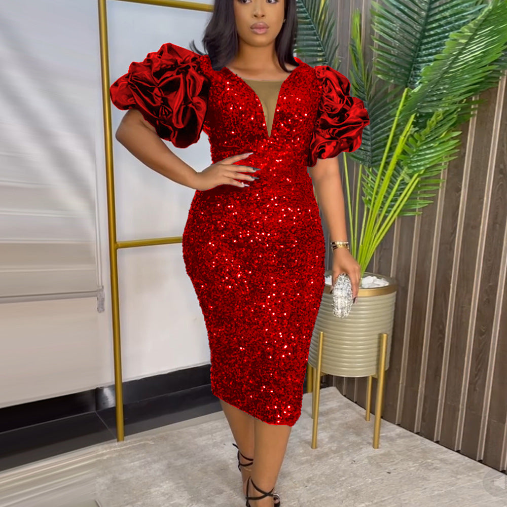 Robe de soirée glamour pour femmes avec des sequins scintillants et des manches volumineuses R&B