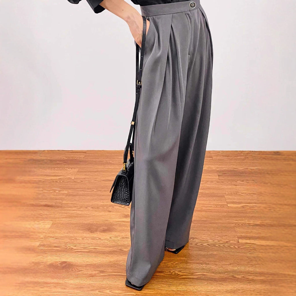 Pantalon plissé taille haute large pour femmes avec plis, passants de ceinture et poches