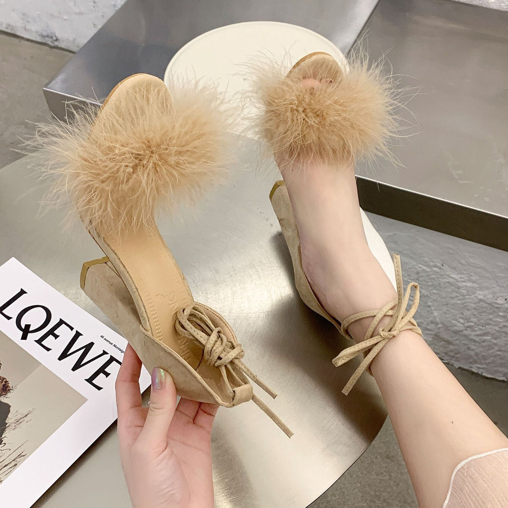 Sandales à talons hauts pour femmes avec pompon en peluche décoratif et lacets féminins R&B