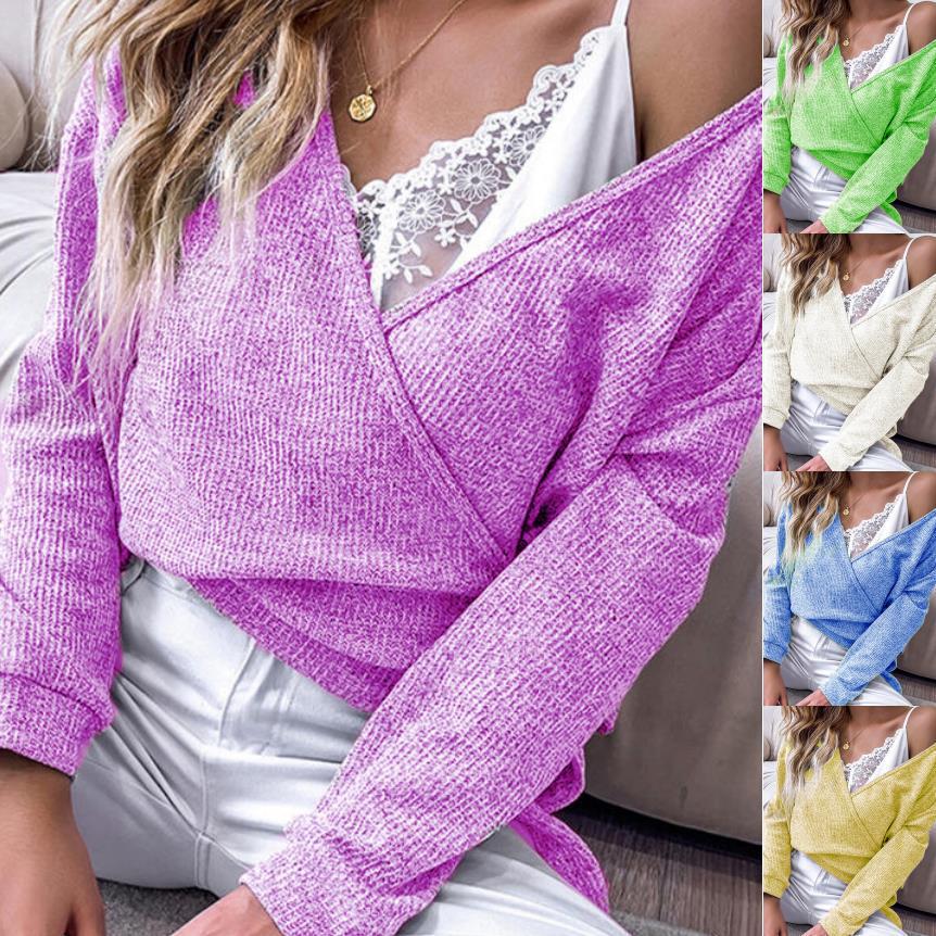Pull enveloppant en maille fine pour femmes avec décolleté en V profond, épaules tombantes et texture mélangée Echoarchiv