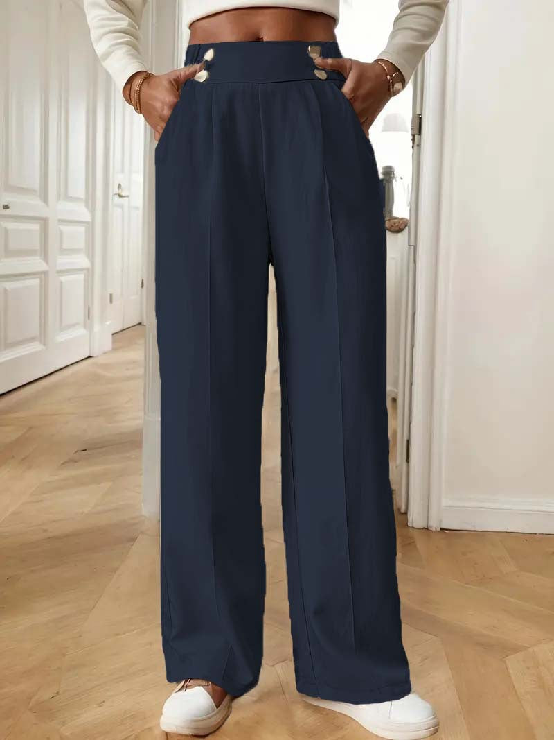 Pantalon Palazzo taille haute pour femmes avec boutons de ceinture, plis marqués et poches latérales Echoarchiv
