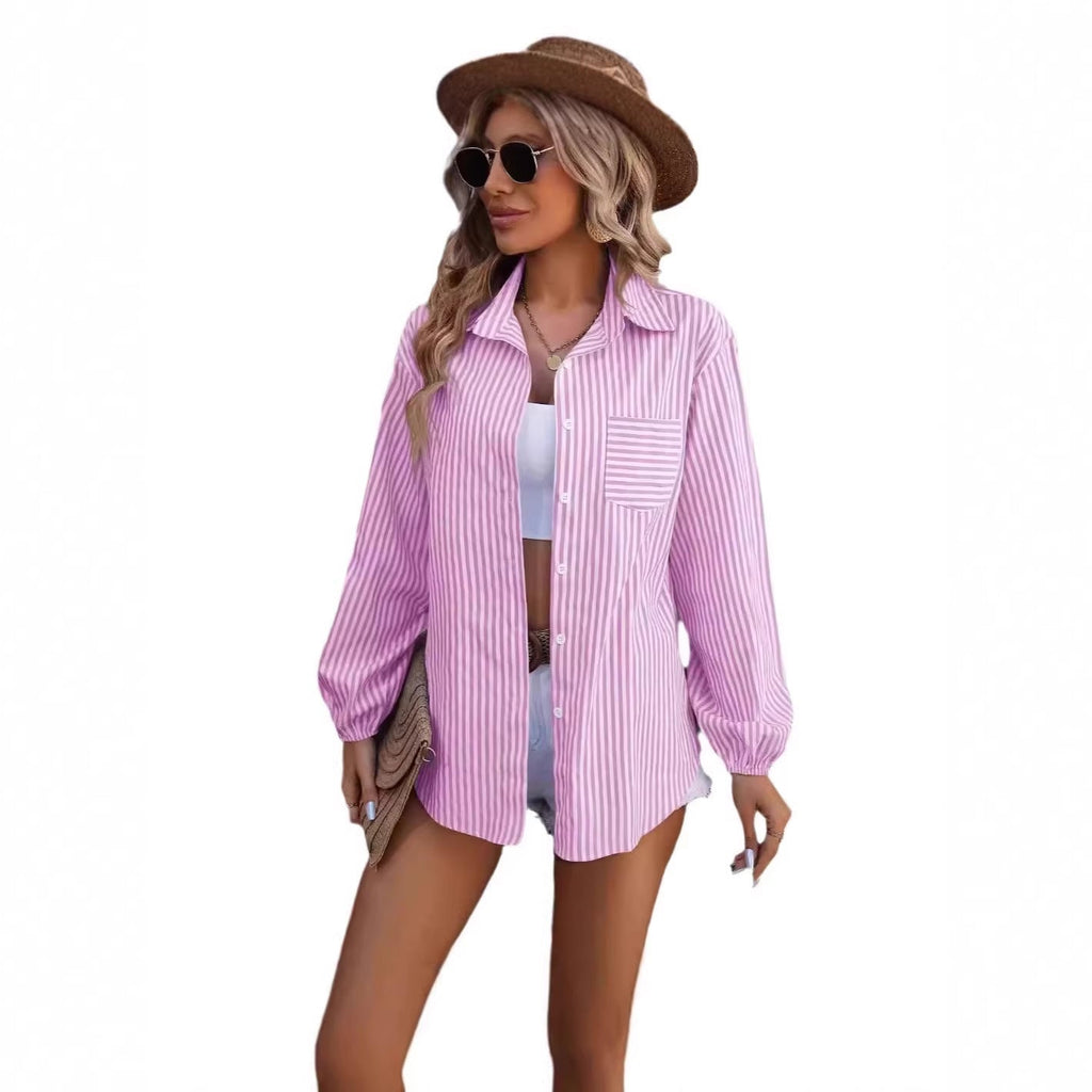Chemisier Oversized à Rayures pour Femmes avec Poche Poitrine et Manches Bouffantes Echo Archiv