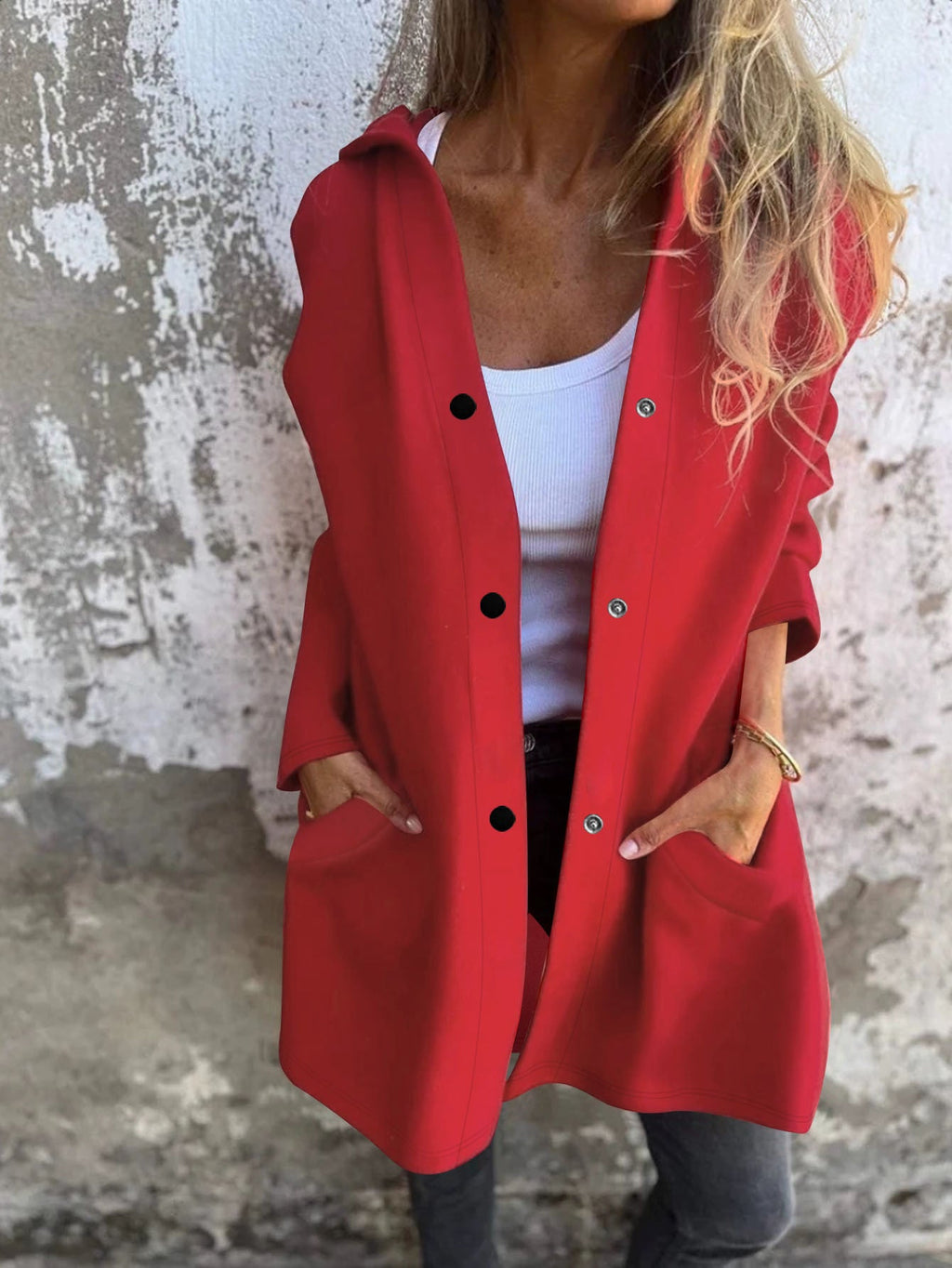 Manteau long à capuche pour femmes en sweat doux avec fermeture à boutons-pression et poches latérales Echoarchiv