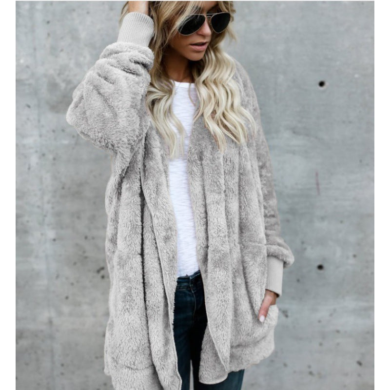 Manteau en Teddy‑Fleece oversize pour femmes avec ouverture frontale, poches latérales et bords côtelés Echo Archive