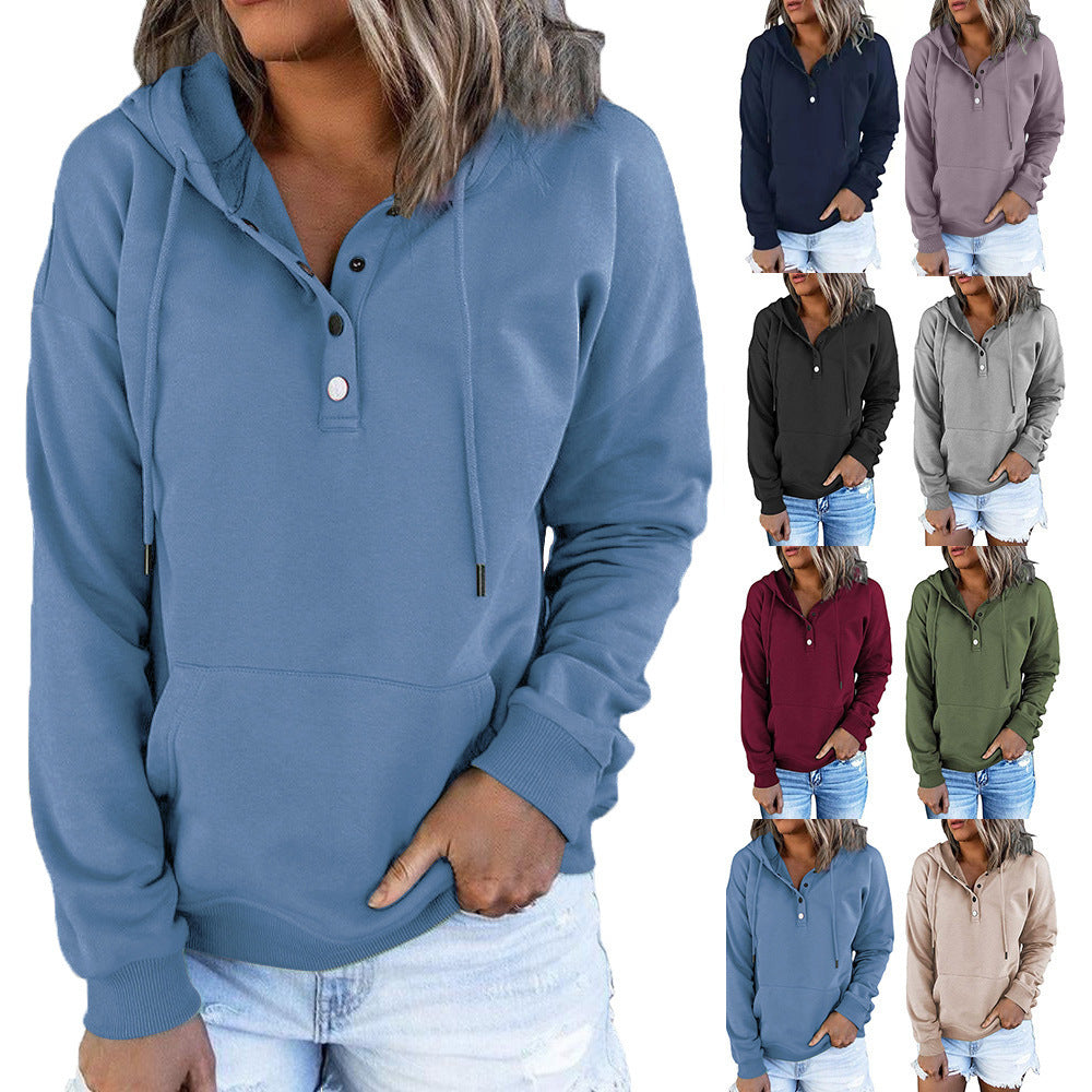 Sweat à capuche pour femmes avec patte de boutonnage Henley, poche kangourou et coupe décontractée Echoarchiv