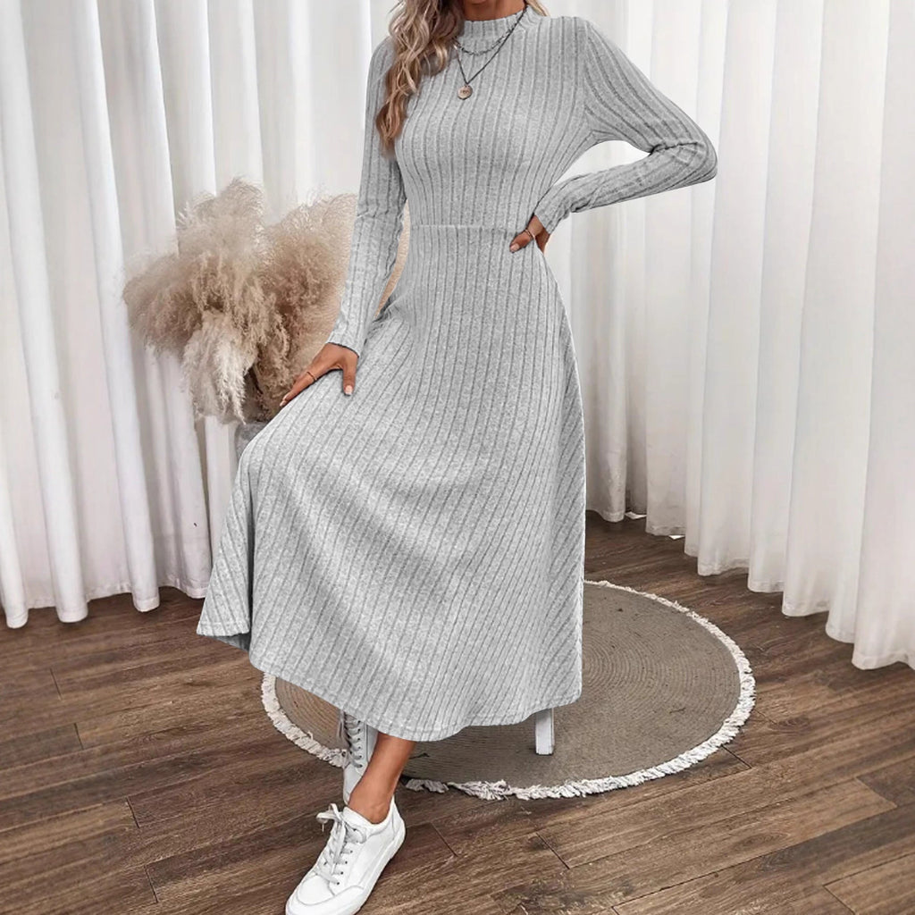 Robe midi en tricot côtelé pour femmes avec col montant et coupe A cintrée Echoarchiv