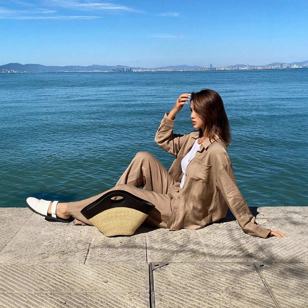 Ensemble de détente en lin pour femmes avec chemise oversize et pantalon palazzo à cordon Echo Archiv