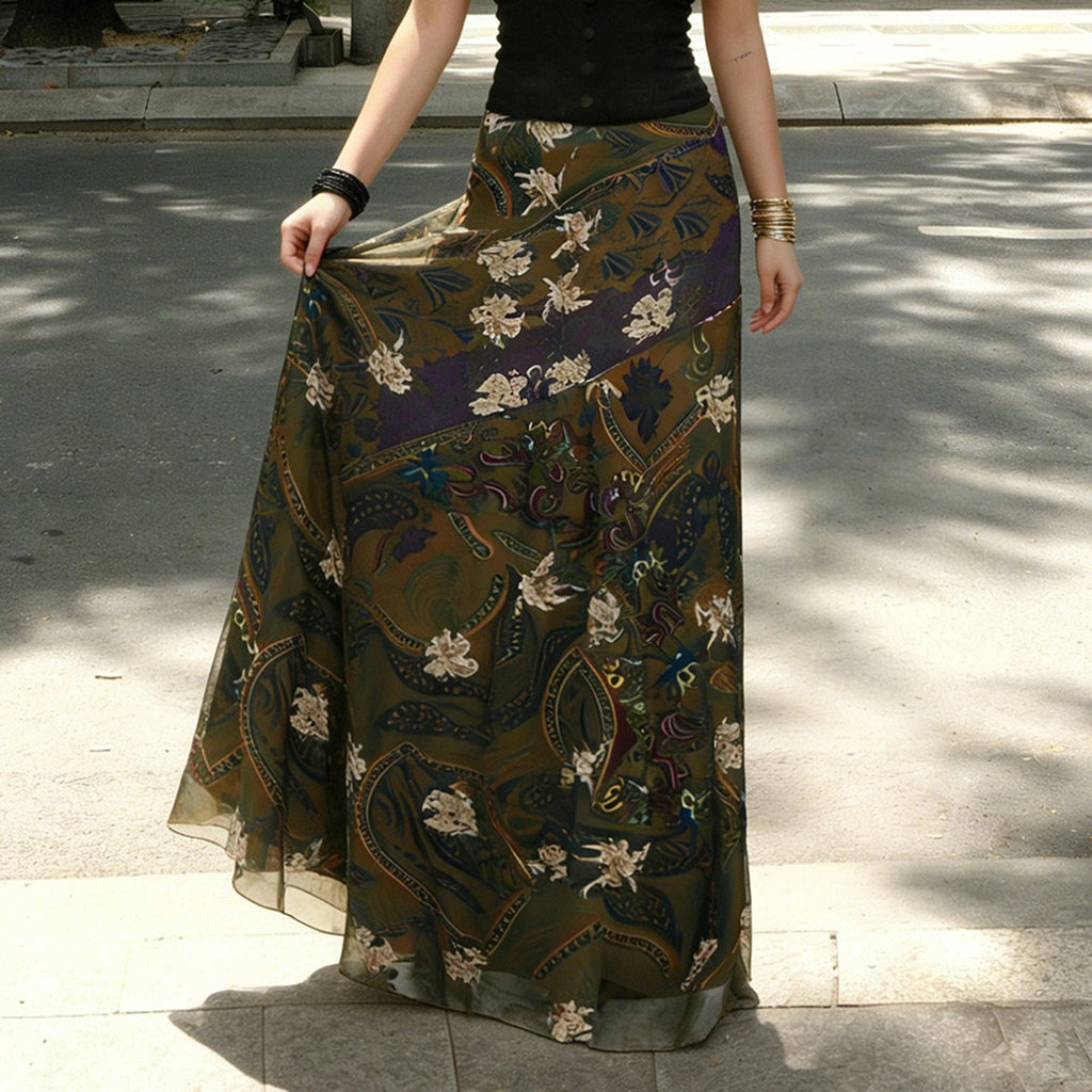Jupe longue et élégante pour femmes au style vintage avec motif floral et coupe fluide R&B