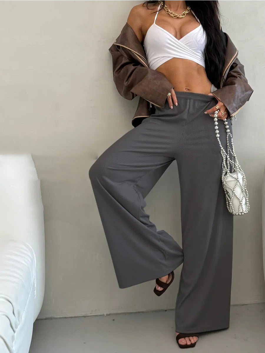 Pantalon Palazzo large taille haute pour femmes en jersey côtelé avec taille élastique Echo Archive