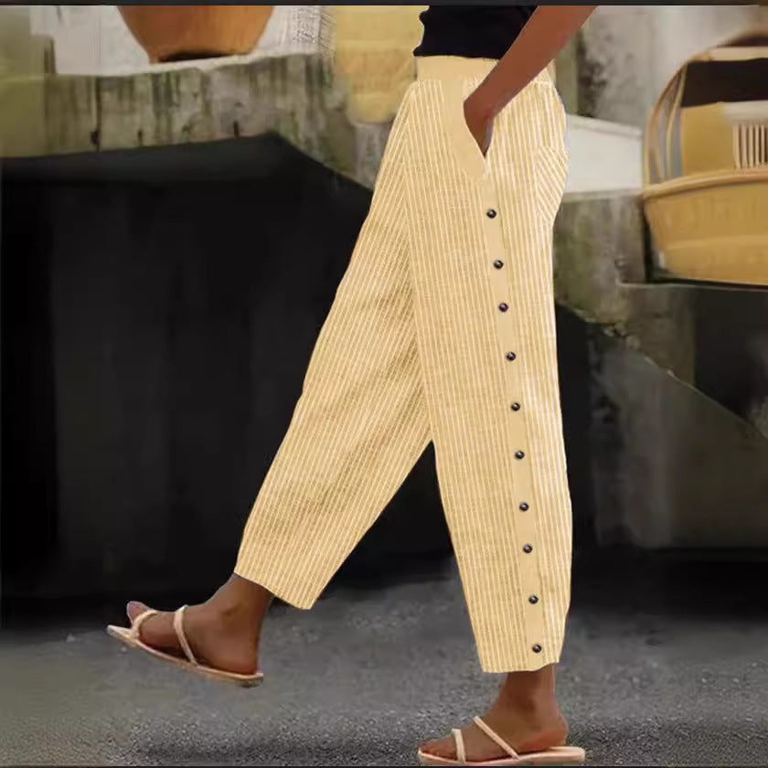 Pantalons culottes pour femmes avec taille élastique haute, fermeture à boutons sur le côté et poches Echoarchiv