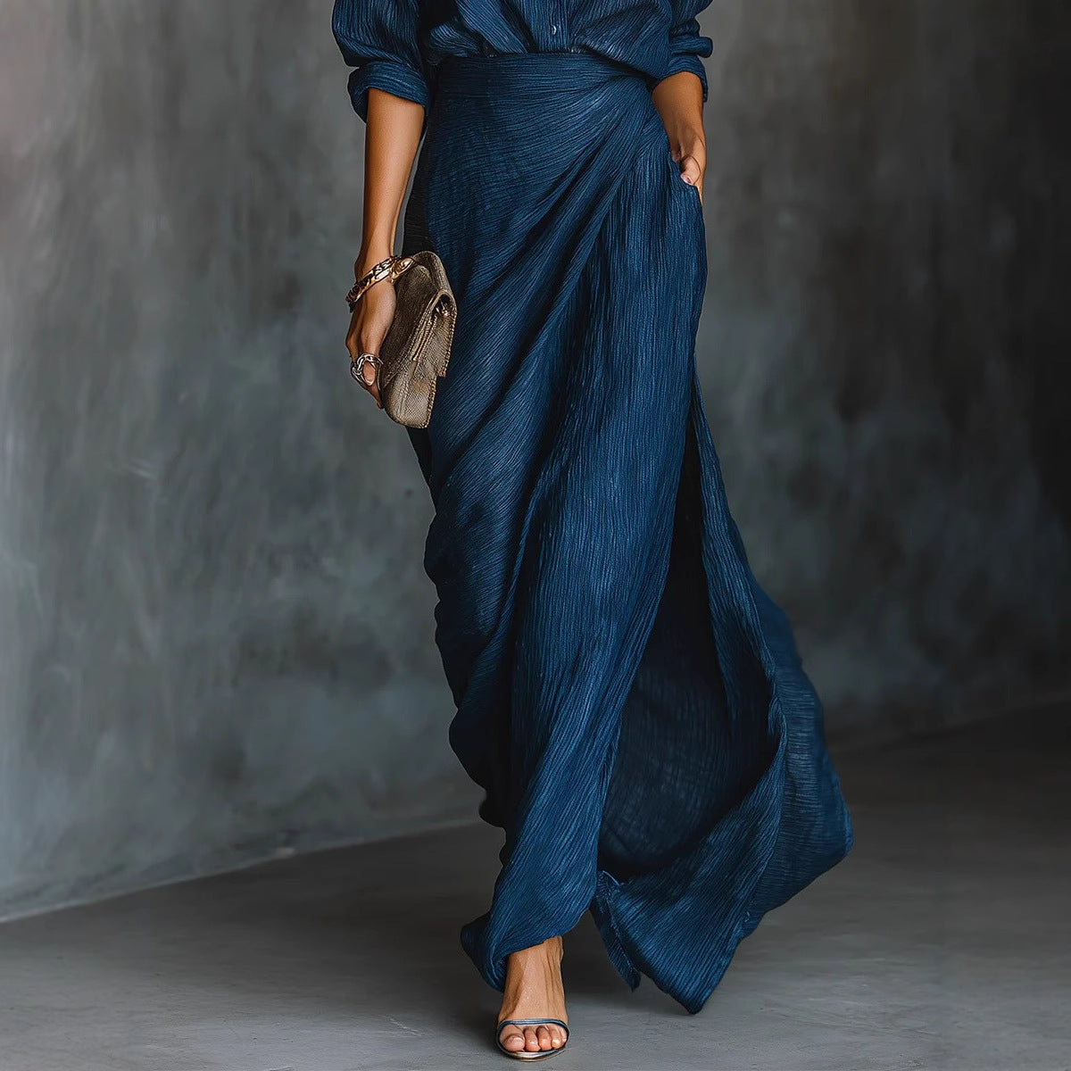 Jupe Maxi Drapée pour Femmes avec Effet Enveloppant et Texture Crinkle Echoarchiv