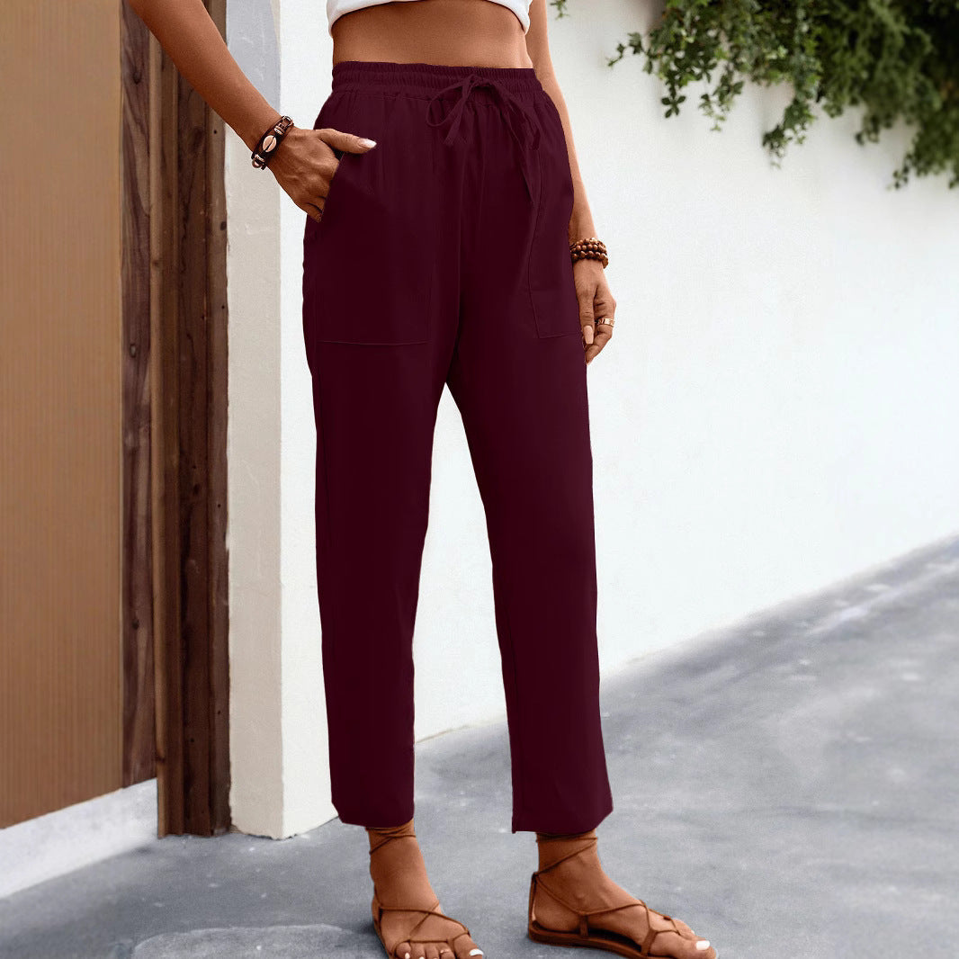 Pantalon Chino Femme Léger Taille Haute avec Cordon de Serrage, Poches Plaquées et Coupe Cheville Raccourcie