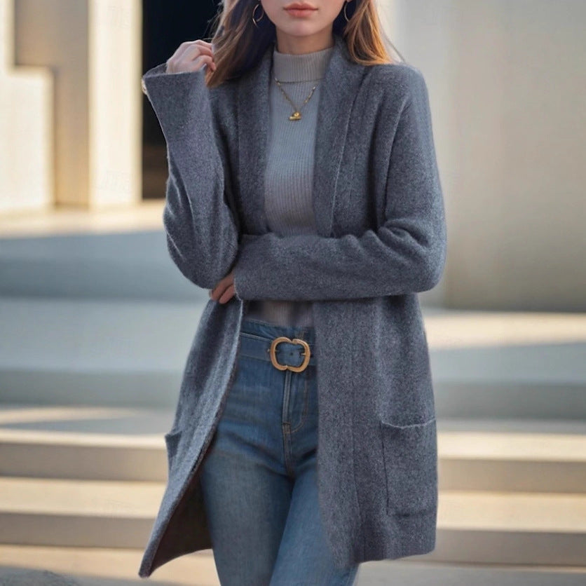 Cardigan long ouvert pour femmes en tricot doux avec poches plaquées