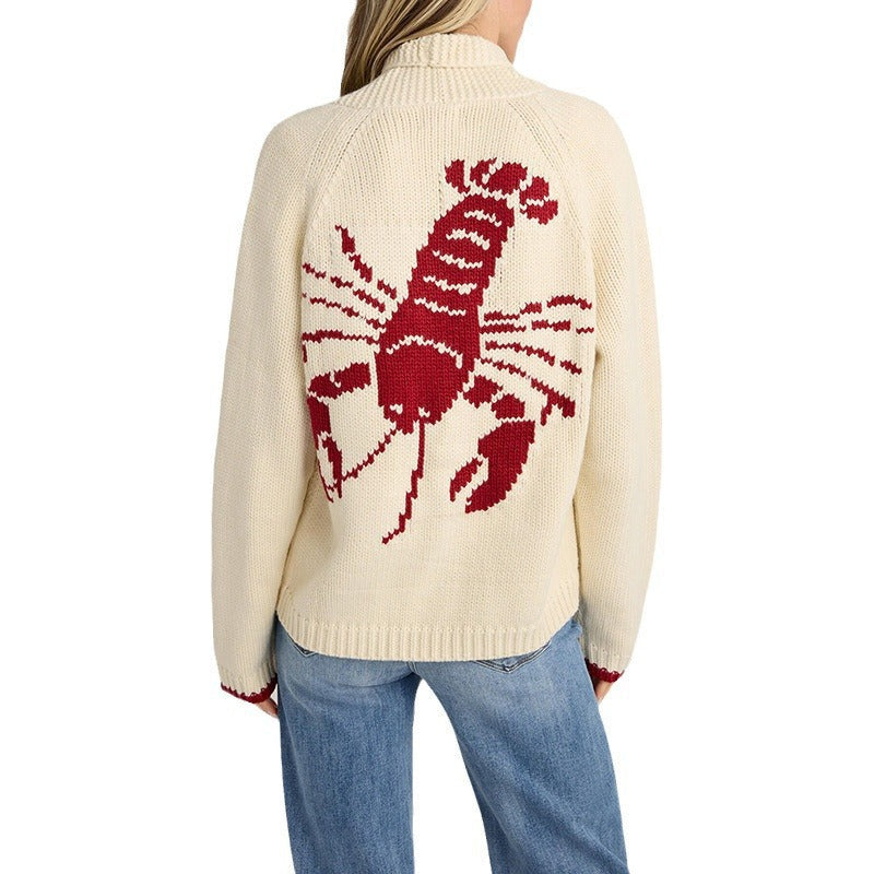 Pull à col roulé en grosse maille pour femmes avec motif en intarsia de homard et coupe oversize décontractée Echoarchiv