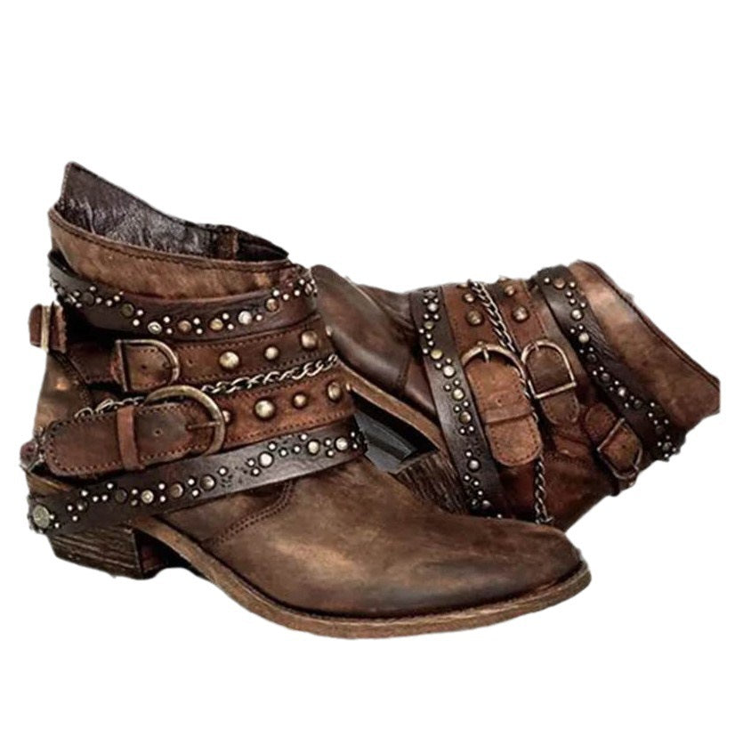 Bottines western pour femmes avec sangle à boucle et chaînes