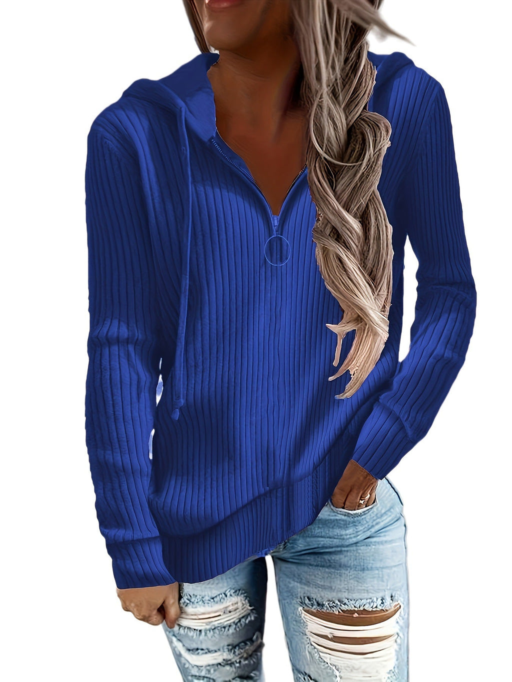 Hoodie à col montant en tricot côtelé pour femmes avec fermeture éclair mi-haute et tirette en anneau Echoarchiv
