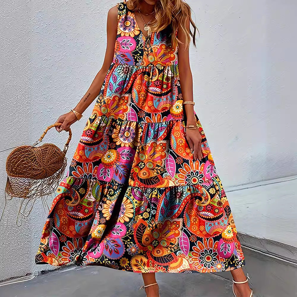 Robe maxi Boho à volants pour femmes avec décolleté en V et couture froncée sous la poitrine R&B