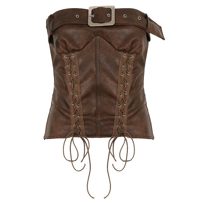 Corsage en cuir pour femmes avec détails de lacets raffinés R&B