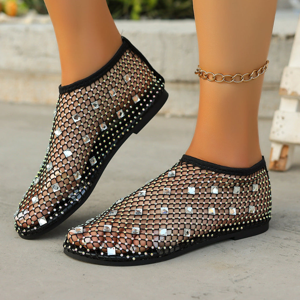 Sandales en filet pour femmes avec des appliques en strass scintillantes R&B
