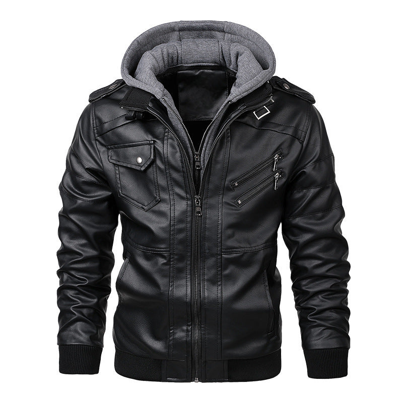 Veste de biker en simili cuir pour hommes avec capuche amovible, col montant, épaulettes et multiples poches zippées Echo Archiv