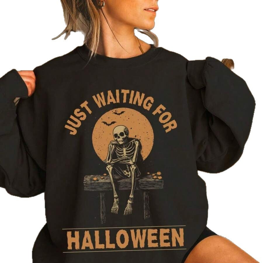 Robe sweat oversize pour femmes avec imprimé squelette d'Halloween, mélange de coton doux et col rond côtelé Echo Archiv