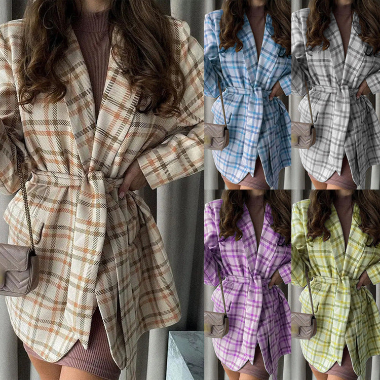 Manteau-blazer oversize à carreaux pour femmes avec ceinture à la taille et poches plaquées