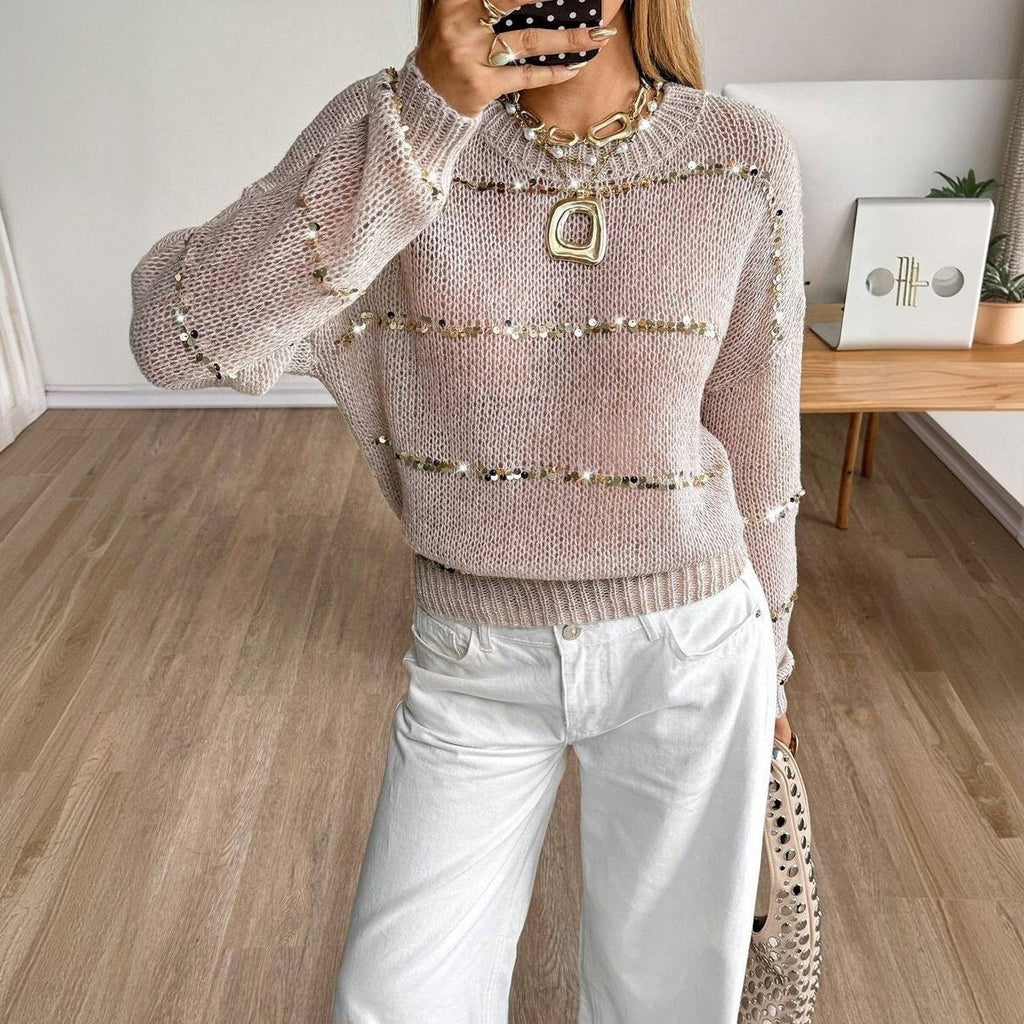 Pull en grosse maille pour femmes avec bandes de sequins, coupe oversize et col rond Echoarchiv