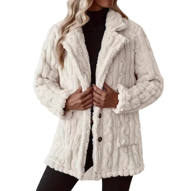 Manteau Teddy Femme avec Grand Col et Boutonnage Frontal