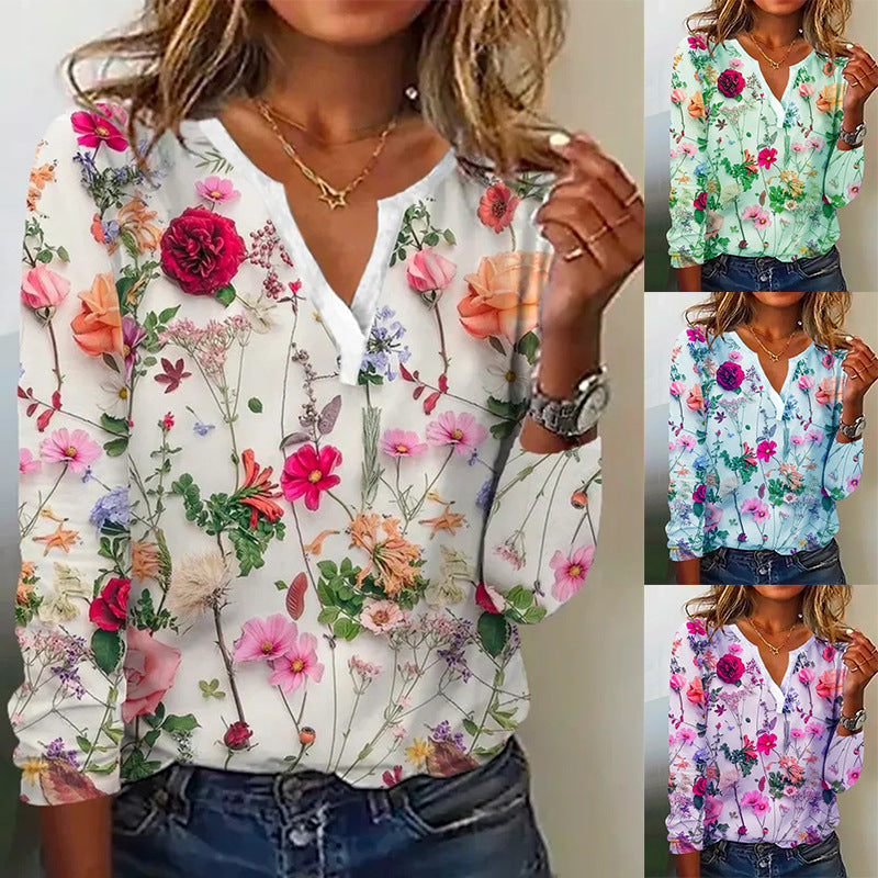 Blouse Longue Florale Femme en Look Chiffon avec Décolleté en V et Silhouette Décontractée Echoarchiv