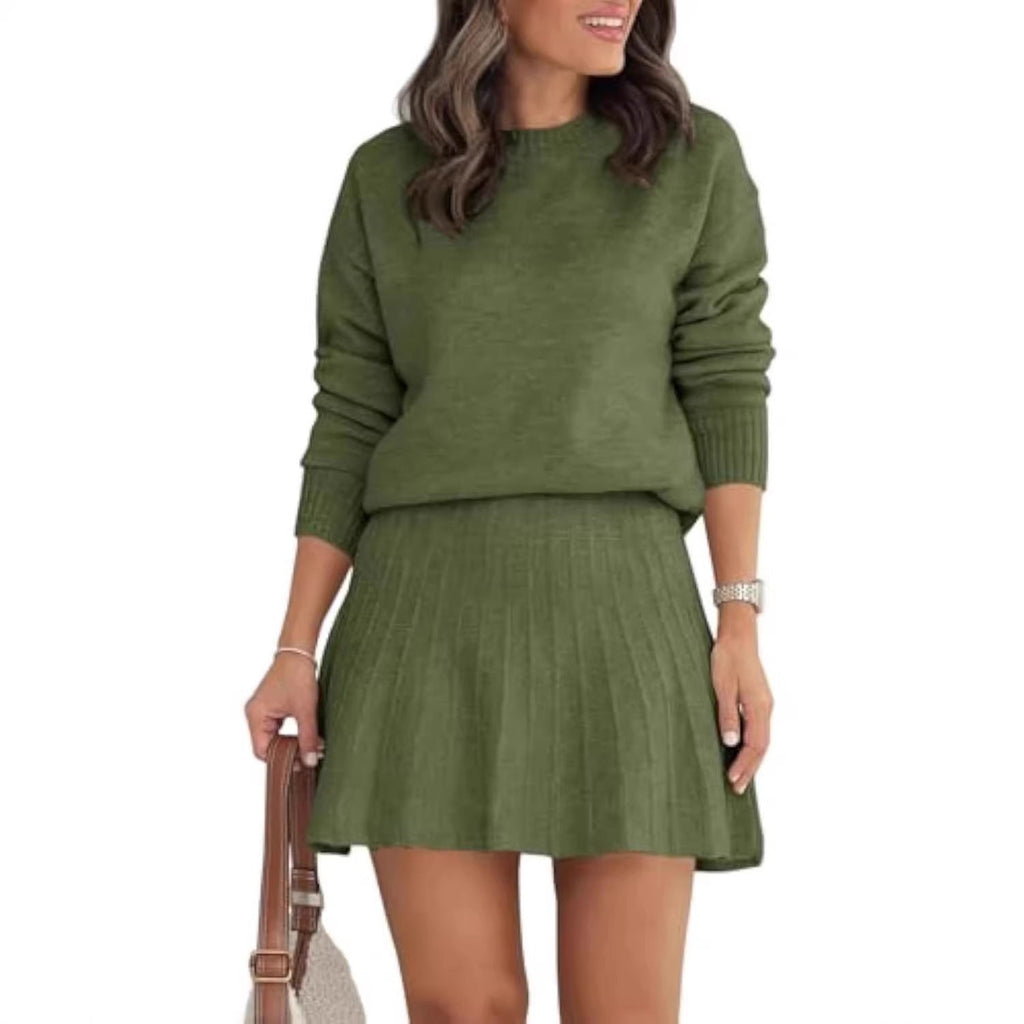 Ensemble en tricot pour femmes avec pull à col rond et mini-jupe plissée