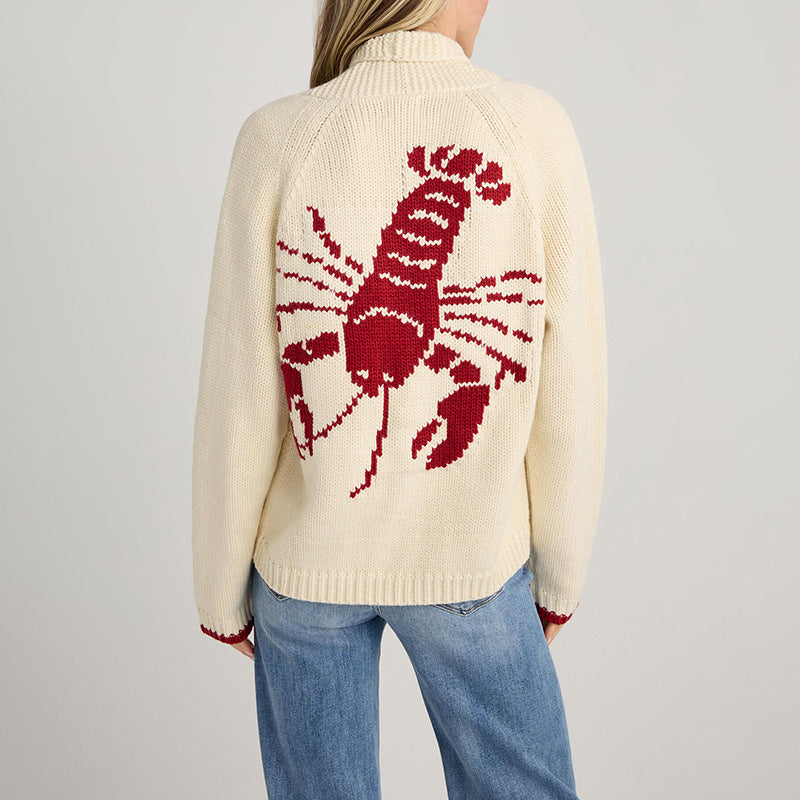 Pull à col roulé en grosse maille pour femmes avec motif en intarsia de homard et coupe oversize décontractée Echoarchiv