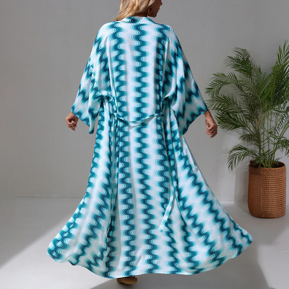 Kaftan de Plage Long pour Femme avec Décolleté en V, Ceinture à Nouer à la Taille & Fente Haute Echoarchiv